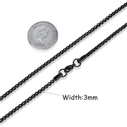 FOSIR Mens Womens Stainless Steel Black Rolo Cable Chain Necklace, Round Box Chains for Men, 2/3/4/5mm Width - size: 24.0 Inches long, style: 3mm wide-stainless steel