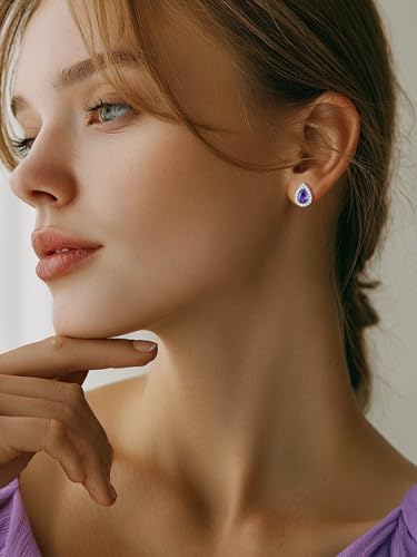 FindChic Birthstone Earrings for Women, Round/Heart/Square/Teardrop Earrings with 925 Sterling Silver Posts & Push Backs, Hypoallergenic Studs with Cubic Zirconia, 12 Months Jewelry with Gift Box - style: 06. June-Alexandrite (Teardrop)