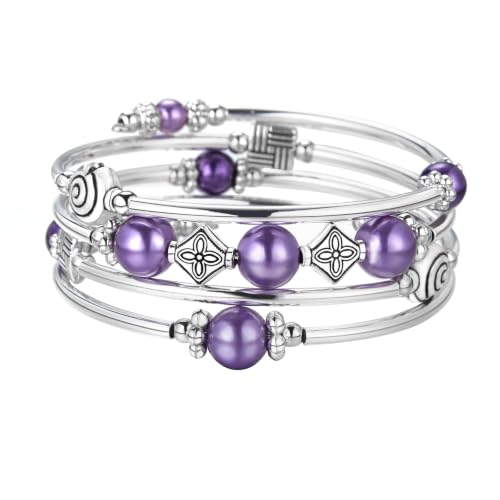 Beaded Pearl Bangle Wrap Bracelet - Fashion Bohemian Jewelry Multilayer Charm Bracelet with Thick Silver Metal Beads, Gift For Women - color: Purple pearl