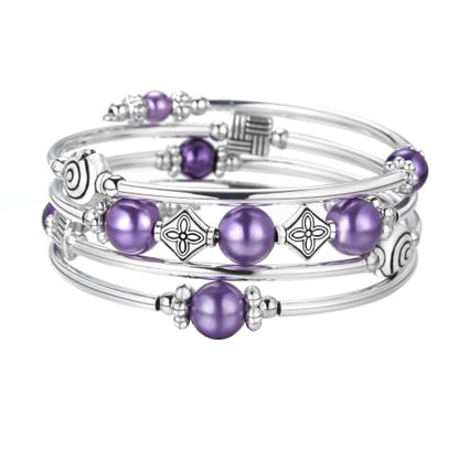Beaded Pearl Bangle Wrap Bracelet - Fashion Bohemian Jewelry Multilayer Charm Bracelet with Thick Silver Metal Beads, Gift For Women - color: Purple pearl