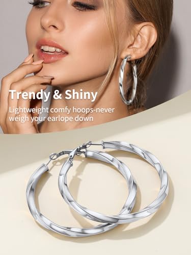 FindChic Twisted Hoop Earrings for Women, Silver/Black/14K Gold Plated Hypoallergenic Hollow Tube Rounded Loop Earrings, 30mm/40mm/60mm/80mm Hoops with Custom Name Options and Gift Box - color: b.Silver, size: 60MM