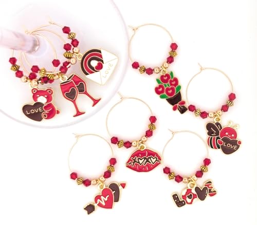 Pixie Valentine’s Day Wine Charms 8-Piece Set – Red & Gold Enamel Hearts, Wine Glass Markers for Parties, Gifts & Party Favors