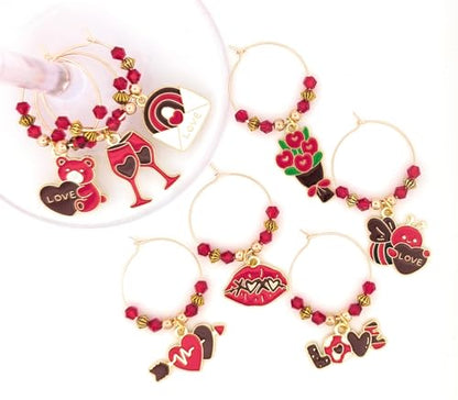 Pixie Valentine’s Day Wine Charms 8-Piece Set – Red & Gold Enamel Hearts, Wine Glass Markers for Parties, Gifts & Party Favors