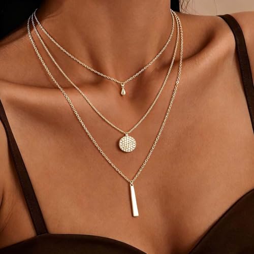 Yalice Dainty Gold/Silver Layered Necklace Chain for Women Sequins Bar Pendant Trendy Jewelry Gift - color: Gold