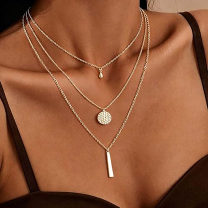 Yalice Dainty Gold/Silver Layered Necklace Chain for Women Sequins Bar Pendant Trendy Jewelry Gift - color: Gold