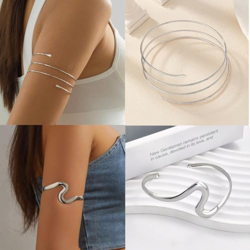 ItsStarred Minimalist Arm Cuff Gold Plated, Upper Arm Cuff Bangle Bracelet for Women, Adjustable Arm band Set 6 Pieces - color: F: Silver Plated Flower 6pcs