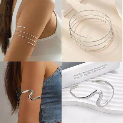 ItsStarred Minimalist Arm Cuff Gold Plated, Upper Arm Cuff Bangle Bracelet for Women, Adjustable Arm band Set 6 Pieces - color: F: Silver Plated Flower 6pcs