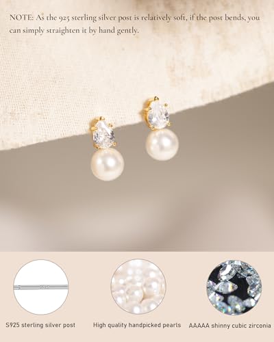 Pearl Earrings for Women Trendy Dainty Wedding Earring 14K Gold Plated/Silver Plated Dainty Cute Drop Dangle Pearl Earrings Studs Hypoallergenic CZ Diamond Wedding Earrings for Brides Prom Jewelry Gift for Women - color: 02.Gold drop