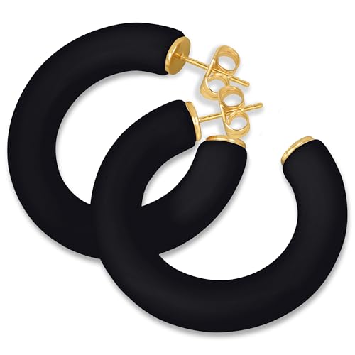 Gold Plated Multicolor Resin Chunky Thick Open Hoop Earrings in 57MM and 37.5MM Diameters - color: Black - Matte Finish, size: 37.5MM (1.48") Diameter