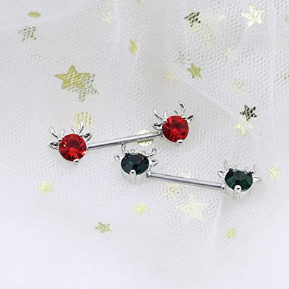2PCS 14G 316L Stainless Steel Opal Nipple Rings Deer Head Nipple Barbell Nipple Piercings Jewelry for Women - color: Green
