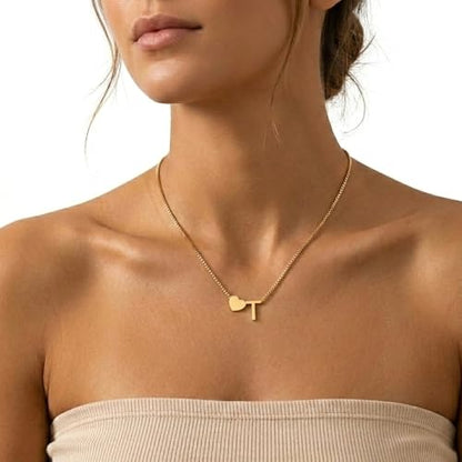 18K Real Gold Plated Heart Initial Necklace for Women-Personalized A-Z Letter Pendant on Durable Stainless Steel Box Chain (16+2.5 inch Adjustable) Hypoallergenic Everyday Jewelry Gift Boxed for Mom Wife - style: Gold:T
