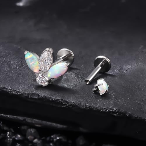 Titanium Flat Back Lip Rings Internally Threaded Earrings Studs Nose Rings 16G Opal CZ Tragus Cartilage Lobe Rook Helix Conch Labret Medusa Piercing Jewelry for Women Men W Piercing Taper Set - style: Four Opal