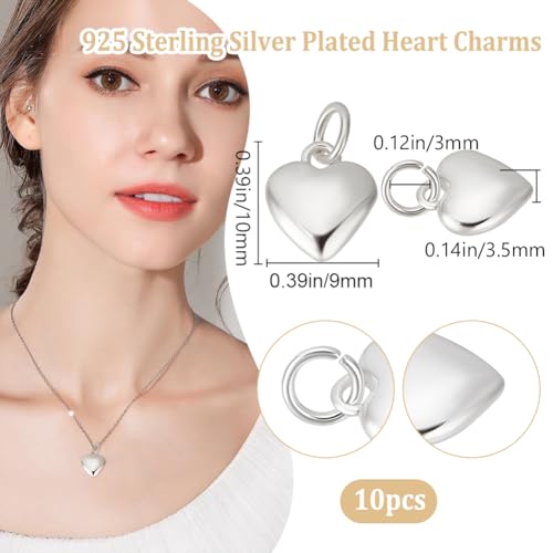 Beebeecraft 10Pcs 925 Sterling Silver Plated Brass Small Heart Charms 3D Love Shaped Dangle Pendant Charms for Necklace Bracelet Jewelry Making（10x9x3.5mm） - color: Silver