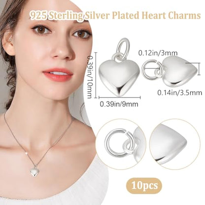 Beebeecraft 10Pcs 925 Sterling Silver Plated Brass Small Heart Charms 3D Love Shaped Dangle Pendant Charms for Necklace Bracelet Jewelry Making（10x9x3.5mm） - color: Silver