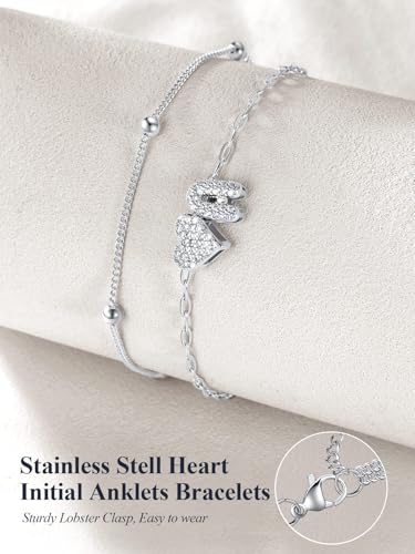 U7 Heart Initial Ankle Bracelets for Women Waterproof, Silver/14K Gold Plated Anklets CZ Initial Heart Anklets Stainless Steel Summer Beach Ankle Adjustable 8.5"-10.5" - color: Silver
