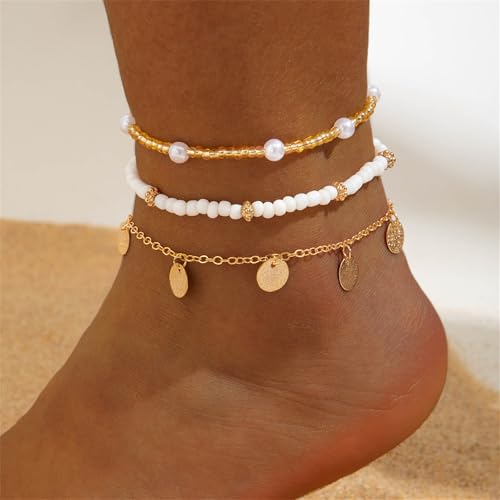 Shell Ankle Bracelet Set for Women,Boho Adjustable Beads Anklet Pack Natural White Shells Stack Stretch Seashell Pearl Starfish Bracelet Set Hawaiian Beach Vacation Foot Jewelry - style: B-Beads Disc 3Pcs
