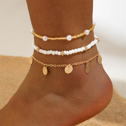 Shell Ankle Bracelet Set for Women,Boho Adjustable Beads Anklet Pack Natural White Shells Stack Stretch Seashell Pearl Starfish Bracelet Set Hawaiian Beach Vacation Foot Jewelry - style: B-Beads Disc 3Pcs