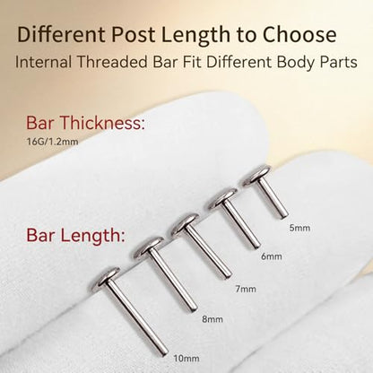 limerencia 16G/18G Hypoallergenic Internal Threaded Titanium Bar Post Replacement,Flat Back Stud Earrings Post Medusa Helix Couch Labret Bar for Women Men Sensitive Ears(A Pair) - color: silver tone, size: 16G-10mm