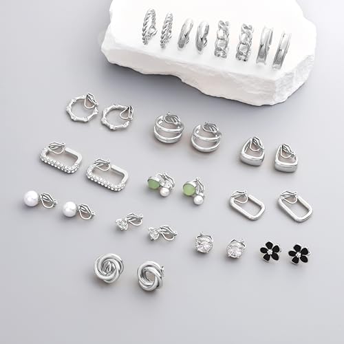 15 Pairs Clip on Earrings for Women Chunky Hoop Clip Earring Round CZ Twist Simulated Pearl Flower Knot No Piercing Fake Stud Earrings Sets Jewelry Gifts Silver Gold Plated - color: B: Silver
