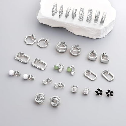 15 Pairs Clip on Earrings for Women Chunky Hoop Clip Earring Round CZ Twist Simulated Pearl Flower Knot No Piercing Fake Stud Earrings Sets Jewelry Gifts Silver Gold Plated - color: B: Silver