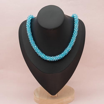 Hand Knotted Beads Statement Necklace Bracelet Jewelry Set Artificial Crystal Choker for Women- Handmade Beaded Strand Sparkly Faceted Crystal Rondelle-17inches, 30 Colors - color: Sky Blue