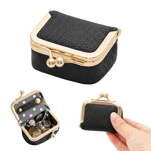 Genuine Leather Mini Jewelry Box Portable Vintage-Inspired Leather Small Coin Purse Jewelry Organizer Case Mini Travel Ring Box with Kiss Lock for Women Earring Ring Necklace - color: Black
