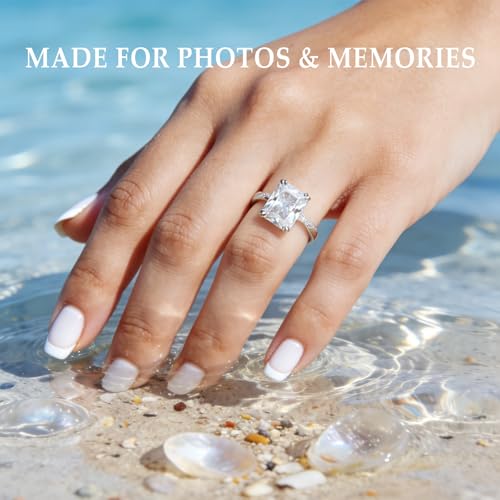 4CT Travel Engagement Ring, Radiant Cut 5A Cubic Zirconia Solitaire in Sterling Silver White Gold/14K Gold Plated Hypoallergenic Durable Comfort Fit, Perfect for Work Daily Wear Honeymoon - color: Silver