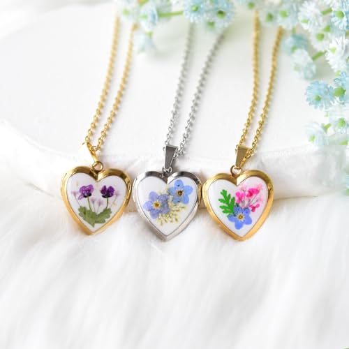 Heart Locket Necklace That Holds Pictures Pressed Flower Photo Locket Pendant Necklace for Girl Women Gift for Her - style: forget me not-silver