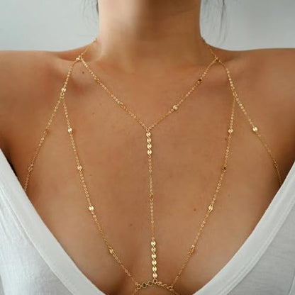 Gold Plated Body Chain for Women, Layered Bikini Waist Chain | Sexy Rhinestone Body Jewelry, Chest Belly Chain, Adjustable Fit, Crossover Design, Summer Beach Parties and Vacations - color: Gold1