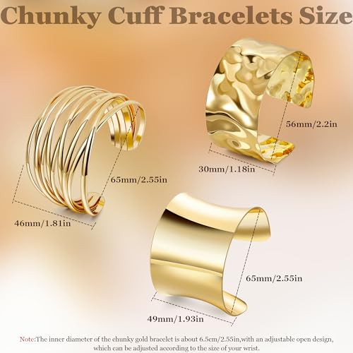 3Pcs Chunky Gold Cuff Bracelets Open Wide Bangle Bracelets Set for Women Minimalist Irregular Bracelet Statement Wrist Cuff Wrap Bracelet Jewelry - style: styleA gold
