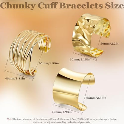 3Pcs Chunky Gold Cuff Bracelets Open Wide Bangle Bracelets Set for Women Minimalist Irregular Bracelet Statement Wrist Cuff Wrap Bracelet Jewelry - style: styleA gold