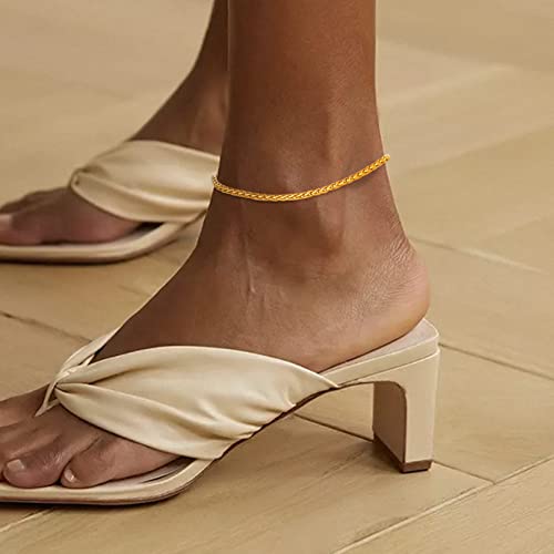 Adjustbale Link Chain Anklet for Women Summer Jewelry, 316L Stainless Steel Figaro/Wheat/Twist Rope/Cuban Foot Bracelet-Waterproof, Resizable 9"-12" (Gift Box Included) - color: 4, Wheat - Gold