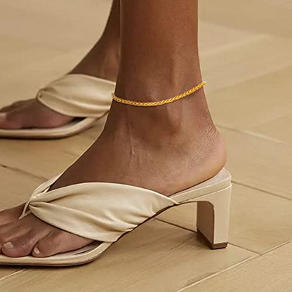 Adjustbale Link Chain Anklet for Women Summer Jewelry, 316L Stainless Steel Figaro/Wheat/Twist Rope/Cuban Foot Bracelet-Waterproof, Resizable 9"-12" (Gift Box Included) - color: 4, Wheat - Gold