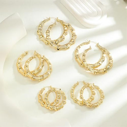 18K Gold Plated Bamboo Hoop Earrings for Women – Large Round Heart Design, 80/90s Ghetto Door Knocker Style, Trendy Hip Hop Jewelry Accessories - color: Gold Hoop 70mm