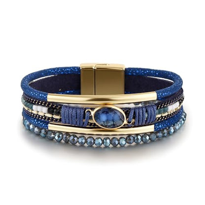 Edoneery Leather Wrap Bracelets for Women, Boho Layered Cuff Bangle | Multi-layer Leather Cuff, Daily wear, Stackable Bangle, Easy on-off, Western Jewelry Gifts for Women - color: Blue-1