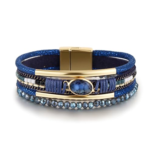 Edoneery Leather Wrap Bracelets for Women, Boho Layered Cuff Bangle | Multi-layer Leather Cuff, Daily wear, Stackable Bangle, Easy on-off, Western Jewelry Gifts for Women - color: Blue-1