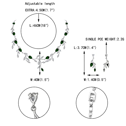 Cubic Zirconia Leaf Vine Wedding Jewelry Set for Bride Women Bridesmaid | Pear-Shaped Birthstone, Necklace Dangle Earrings for Bridesmaid, Silver-Plated-Brass - color: 2pcs_Green