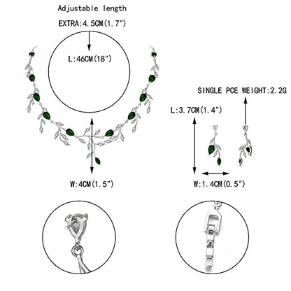 Cubic Zirconia Leaf Vine Wedding Jewelry Set for Bride Women Bridesmaid | Pear-Shaped Birthstone, Necklace Dangle Earrings for Bridesmaid, Silver-Plated-Brass - color: 2pcs_Green