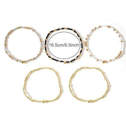 Stack Small Seed Bead Bracelets Set for Women, Boho Handmade Colorful Stretch Accessories Jewelry, Summer Beach Daily Wear Holiday Friendship Gift - color: Black