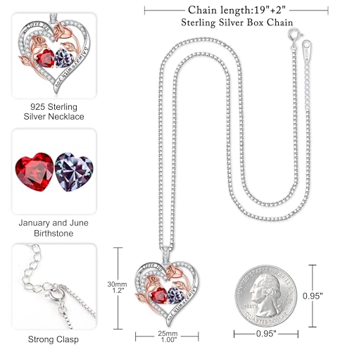 Iefil Birthstone Necklace for Women - Rose Heart Necklace | 925 Sterling Silver, Gift Box Packaging, Anniversary Birthday Gifts for Wife Mom Daughter - color: 01-06-Jan-Jun Birthstone