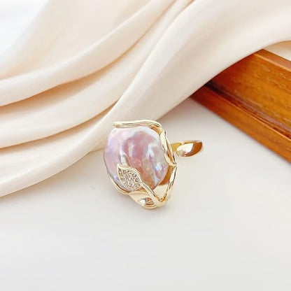 GIGB PBDK Gold Plated Baroque Pearl Ring for Women Fashion Chunky Irregular Pearl Knuckle Statement Ring Minimalist Promise Ring Bridal Wedding Charm Jewelry - color: Gold2