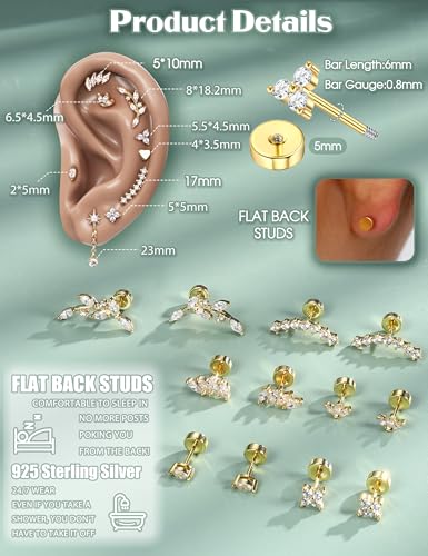 925 Sterling Silver Flat Back Stud Earrings for Women Hypoallergenic | 14K Gold Plated Cartilage Earrings for Sensitive Ears | Leaf Flower CZ Helix Tragus Piercing Jewelry - color: Gold-3cz