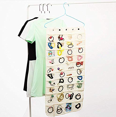 Hanging Jewelry Organizer Bag (40-Pockets) & 20 Magic Tape Hook Storage Bag Closet Storage for Portable Travel, Rings, Earrings, Necklaces, Clear PVC Plastic Windows, Roll-Up (Beige)