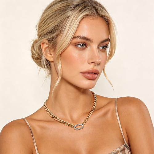 Chunky Gold Necklace Cuban Link Chain Choker for Women Men Gold & Silver Plated Trendy Unisex Statement Necklace Mixed Metal Two Tone Necklace Hip-Hop Punk Unisex Jewelry