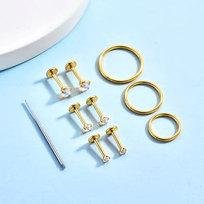 16G 18G Surgical Steel Internal Thread Stud Piercing Jewelry Set Nose Medusa Lip Labret Stud Hypoallergenic Clicker Hoop Septum Rings Cartilage Tragus Helix Conch Earrings for Women Men - color: 16G-10mm-gold