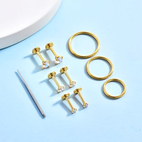 16G 18G Surgical Steel Internal Thread Stud Piercing Jewelry Set Nose Medusa Lip Labret Stud Hypoallergenic Clicker Hoop Septum Rings Cartilage Tragus Helix Conch Earrings for Women Men - color: 18G-10mm-gold