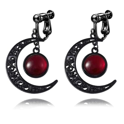 Gothic Moon Clip On Earrings for Women Black Filigree Dangle Moon Earrings Halloween Witch Earring Colorful Crystal Vampire Earring Accessories Halloween Jewelry Gifts - color: Red