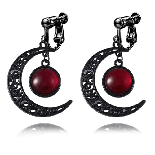 Gothic Moon Clip On Earrings for Women Black Filigree Dangle Moon Earrings Halloween Witch Earring Colorful Crystal Vampire Earring Accessories Halloween Jewelry Gifts - color: Red