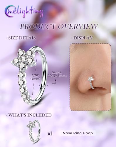 Melighting 20G Butterfly Nose Ring Hoop 8 mm Open Seamless Nose Piercing Jewelry Surgical Steel 316L, Twist Nostril Ring with Marquise and Round CZ, Silver Flower Body Piercing for Women - style: Flower