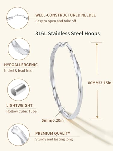 FindChic Twisted Hoop Earrings for Women, Silver/Black/14K Gold Plated Hypoallergenic Hollow Tube Rounded Loop Earrings, 30mm/40mm/60mm/80mm Hoops with Custom Name Options and Gift Box - color: b.Silver, size: 80MM